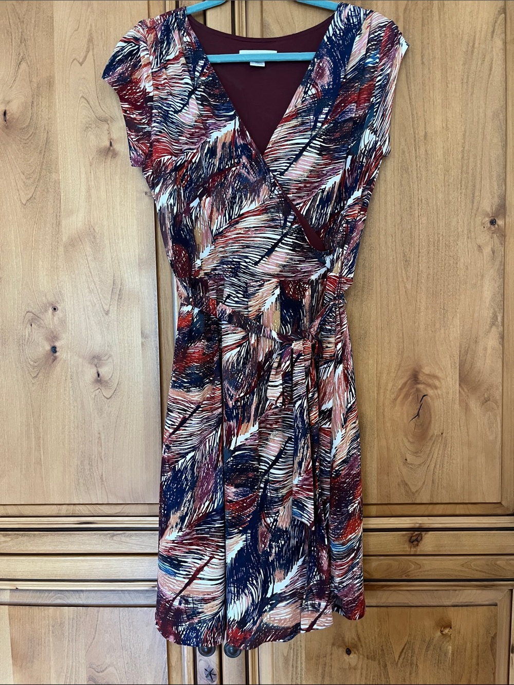 Liz Claiborne Burgundy Multi Printed Wrap-Style Mini Dress